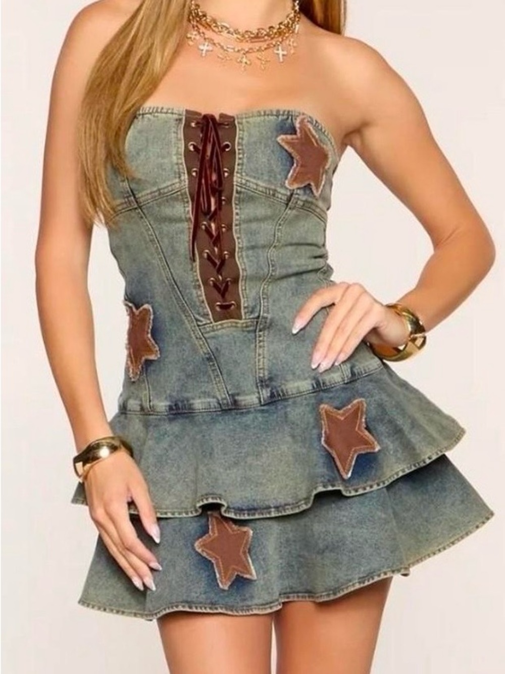 Windsor Denim Strapless Lace-Up Star Appliqué Mini Dress - Blue & Brown